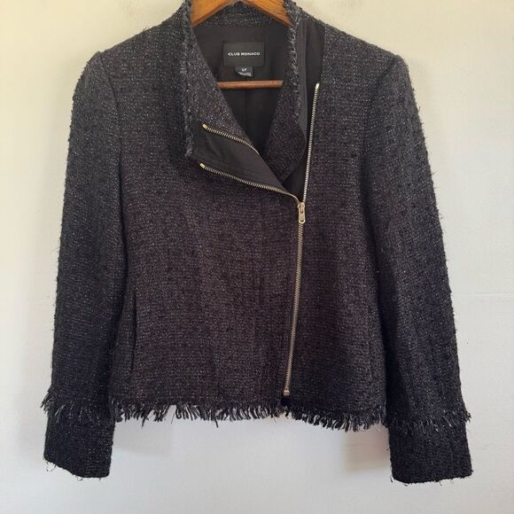 Club Monaco Women's Black Sparkly Fringed Tweed Moto Jacket Zippered Size Small - Picture 2 of 8